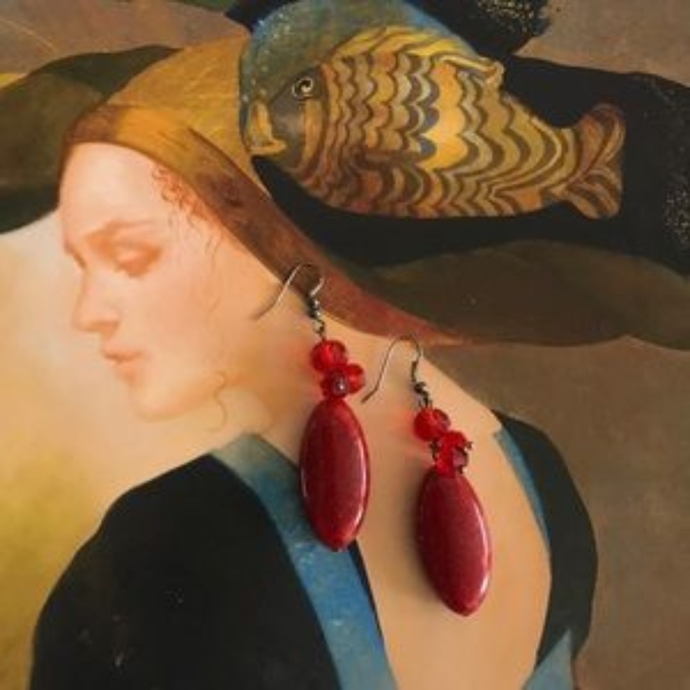 Statement Earrings Red Glass Bead Drop Dangle Oval Long Eclectic Unique Fun Gift